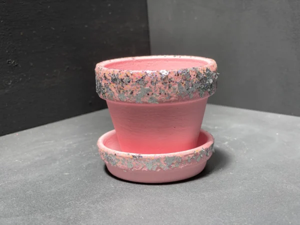Small Matte Pink Sparkle Terra Cotta Pot and Saucer - Image 2