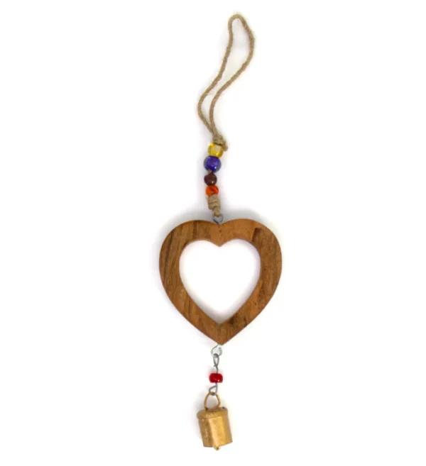 HANDCRAFTED WOOD HEART CHIME WITH IRON BELL - Image 4