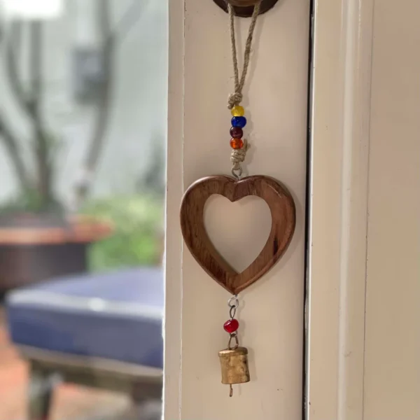 HANDCRAFTED WOOD HEART CHIME WITH IRON BELL - Image 3