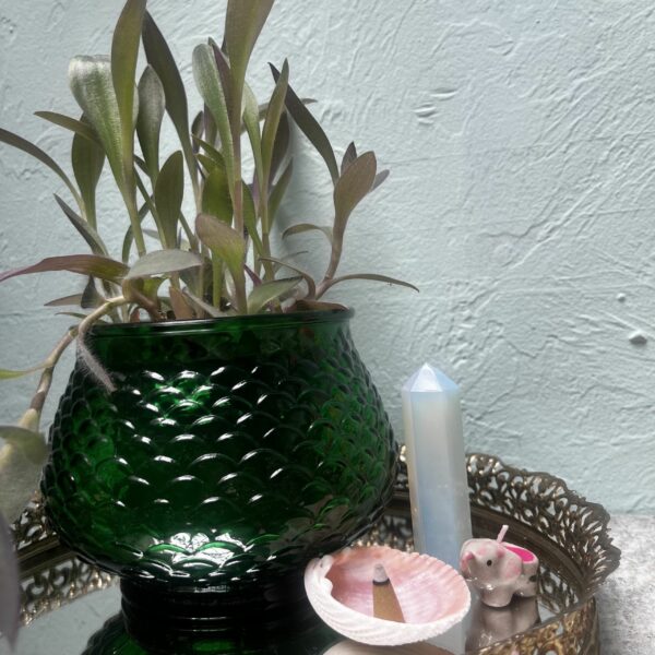E.O Brody Vintage 1960s Emerald Glass Fish Scale Planter with Purple Heart Plant - Image 3