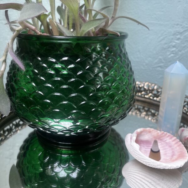 E.O Brody Vintage 1960s Emerald Glass Fish Scale Planter with Purple Heart Plant - Image 2