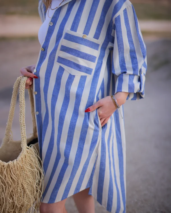 Striped Short Linen Shirt Dress - Image 4