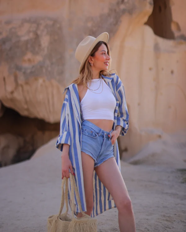 Striped Short Linen Shirt Dress - Image 11