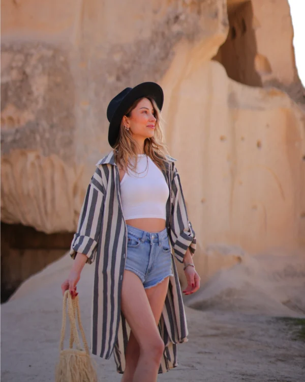 Striped Short Linen Shirt Dress - Image 8