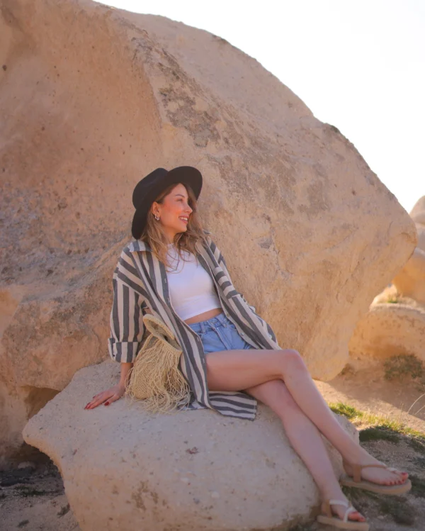 Striped Short Linen Shirt Dress - Image 7