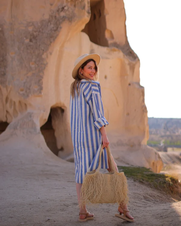 Striped Short Linen Shirt Dress - Image 6