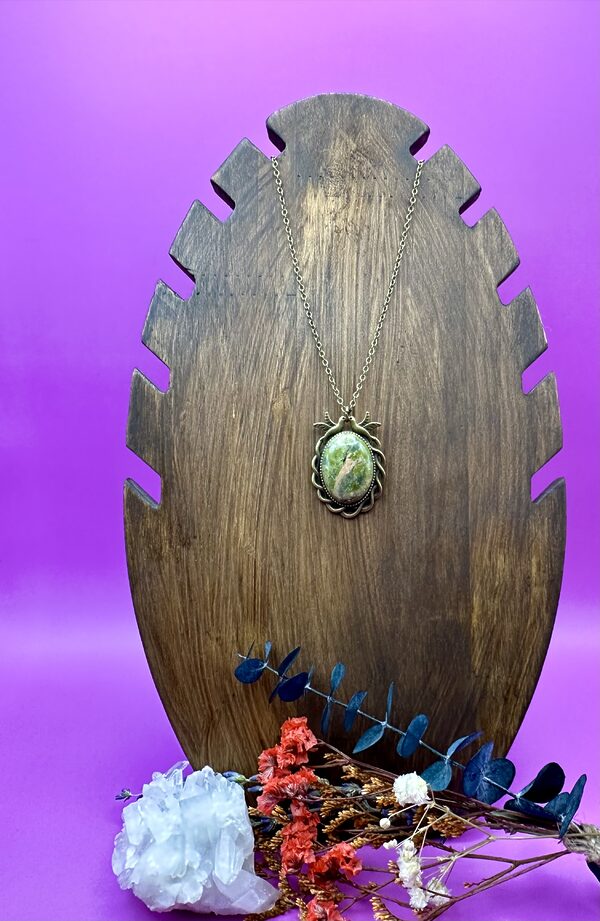Antique Brass Turtle Dove and Unakite Pendant with 18” Brass Colored Chain - Image 2