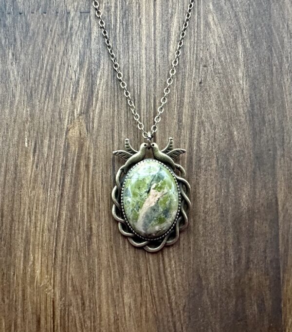 Antique Brass Turtle Dove and Unakite Pendant with 18” Brass Colored Chain - Image 3