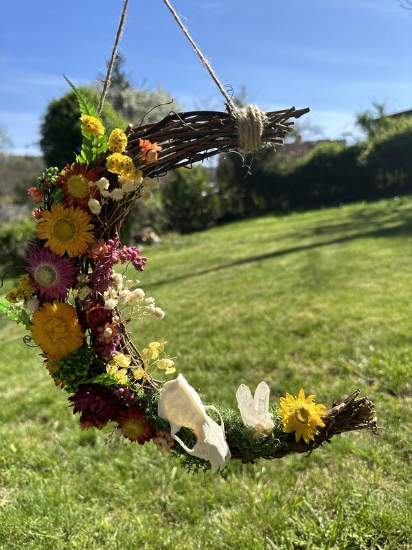 Gorgeously Handmade Grapevine Wreath with Genuine Mink Skull and Clear Quartz Crystal Cluster