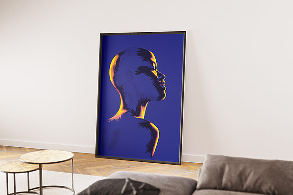 Framed Art Print of an Abstract Side Profile Portrait in Cobalt Blue and Yellow - "Beyond the Surface" - Image 3
