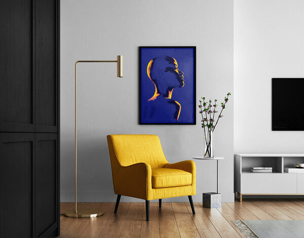 Framed Art Print of an Abstract Side Profile Portrait in Cobalt Blue and Yellow - "Beyond the Surface" - Image 2