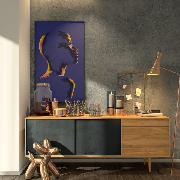 Framed Art Print of an Abstract Side Profile Portrait in Cobalt Blue and Yellow - "Beyond the Surface" - Image 5
