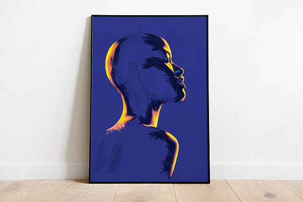 Framed Art Print of an Abstract Side Profile Portrait in Cobalt Blue and Yellow - "Beyond the Surface"