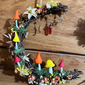 Feelin the Good Vibes Mushroom Themed Moon- Shaped Grapevine Wreath