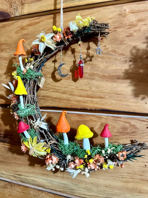 Feelin the Good Vibes Mushroom Themed Moon- Shaped Grapevine Wreath - Image 2