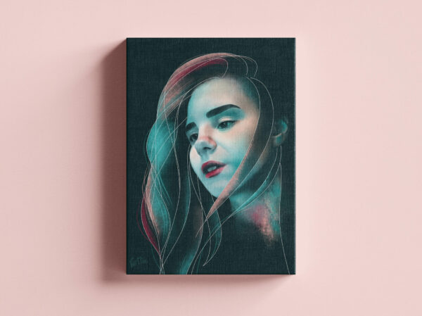 Teal Pink Canvas Print of a Flowing Modern Watercolor Portrait - "Longing / Hiraeth"