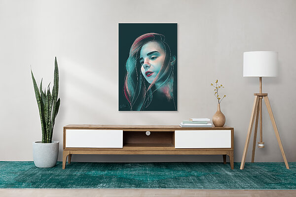 Teal Pink Canvas Print of a Flowing Modern Watercolor Portrait - "Longing / Hiraeth" - Image 6