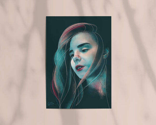 Teal Pink Print of a Flowing Modern Watercolor Portrait on Matte Paper, Unframed - "Longing / Hiraeth"