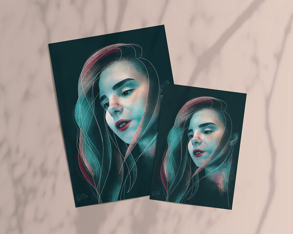 Teal Pink Print of a Flowing Modern Watercolor Portrait on Matte Paper, Unframed - "Longing / Hiraeth" - Image 4