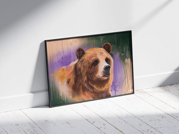 Framed Abstract Bear Portrait Art Print on Matte Paper - "Lavender Honeydrips"