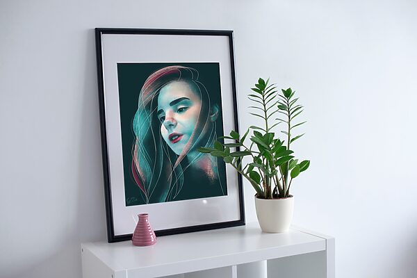 Teal Pink Print of a Flowing Modern Watercolor Portrait on Matte Paper, Unframed - "Longing / Hiraeth" - Image 2